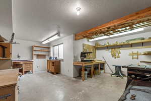 Basement featuring a workshop area and a textured ceiling