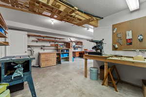 Basement featuring a workshop area