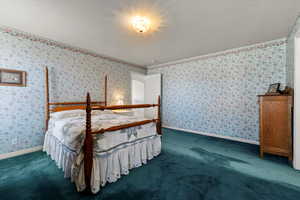 Unfurnished bedroom featuring dark colored carpet