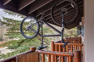 2 Mountain Bikes hang from rafters.