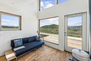 Interior space with a mountain view, plenty of natural light, and light hardwood / wood-style floors