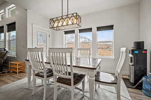 Dining room featuring light hardwood / wood-style flooring, a mountain view, and a wealth of natural light