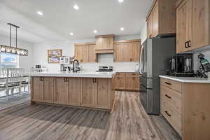 Kitchen with hanging light fixtures, stainless steel appliances, tasteful backsplash, an island with sink, and dark hardwood / wood-style flooring