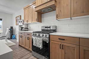 Kitchen with tasteful backsplash, stainless steel gas range oven, premium range hood, and light wood-type flooring