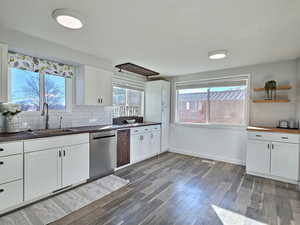 Kitchen with sink, white cabinetry, stainless steel dishwasher, and tasteful backsplash