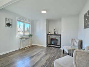 Living area with a stone fireplace and dark hardwood / wood-style flooring