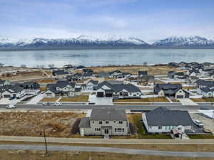 Bird's eye view with water and mountain views.