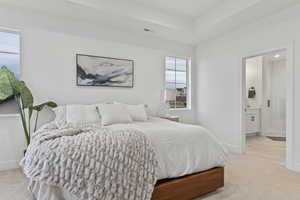 Primary bedroom with en-suite bathroom, light carpet, multiple windows, and a tray ceiling