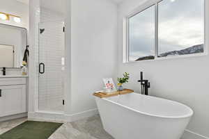 Primary bathroom with vanity, separate shower and tub, a healthy amount of sunlight, and a mountain view