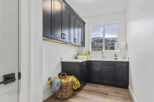 Laundry room with counters, featuring a mountain view from the window, light LVP wood-like flooring, and sink