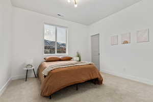 Bedroom with a mountain view and carpet with walk-in closet.