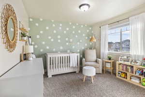 Carpeted bedroom with a nursery area