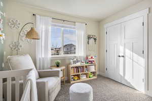 Carpeted bedroom with a crib