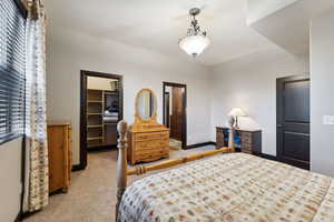 Bedroom featuring a walk in closet, light colored carpet, and a closet