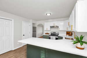 Kitchen featuring sink, white cabinetry, wood-type flooring, kitchen peninsula, and stainless steel appliances