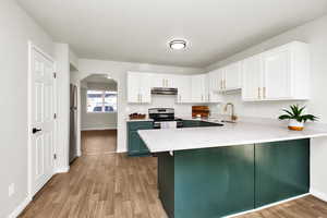 Kitchen with stainless steel appliances, kitchen peninsula, sink, and white cabinets