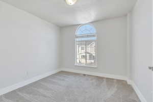 Empty room featuring carpet flooring and a textured ceiling