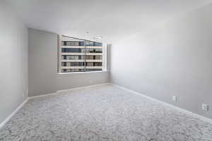 Unfurnished room featuring vaulted ceiling and carpet flooring