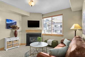 Living room featuring light carpet