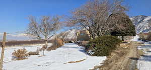 Yard layered in snow featuring a mountain view