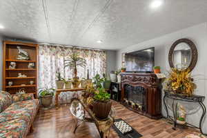 Living room featuring hardwood / wood-style flooring and a textured ceiling