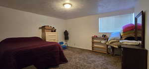 Bedroom featuring a textured ceiling and dark carpet