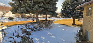 View of yard layered in snow