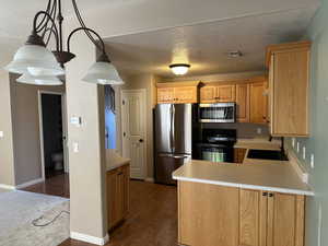 Kitchen featuring sink, dark wood-type flooring, stainless steel appliances, a textured ceiling, and decorative light fixtures