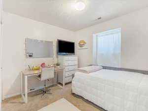 Bedroom featuring light colored carpet and a textured ceiling