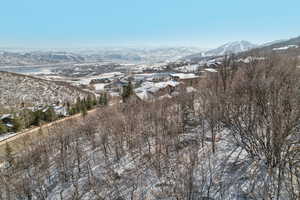 Snowy aerial view featuring a mountain view