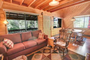 Living room with wood walls, wood-type flooring, a baseboard radiator, wood ceiling, and beam ceiling