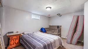 Carpeted bedroom featuring a textured ceiling