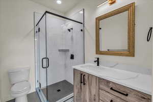 Bathroom featuring a shower with door, vanity, and toilet