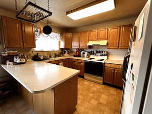 Kitchen with decorative light fixtures, white range with electric cooktop, light countertops, a peninsula, and under cabinet range hood