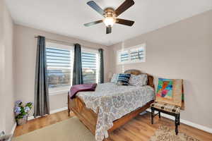 Bedroom featuring hardwood / wood-style flooring and ceiling fan