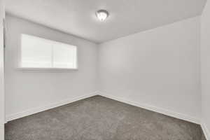 Carpeted spare room featuring a textured ceiling