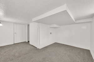 Additional living space with a textured ceiling and carpet flooring