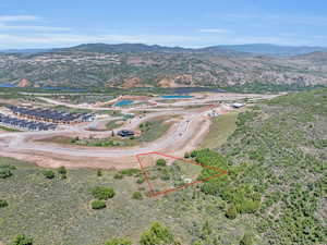 Aerial view with a water and mountain view