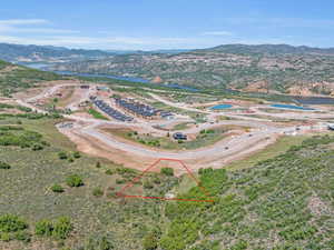 Aerial view with a water and mountain view