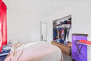 Carpeted bedroom featuring a closet