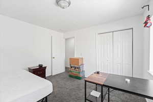 Carpeted bedroom featuring a closet