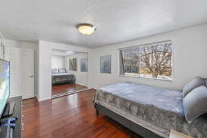 Bedroom with a closet, dark hardwood / wood-style floors, and a textured ceiling