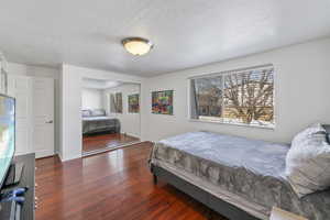 Bedroom featuring dark wood-type flooring, a textured ceiling, and a closet