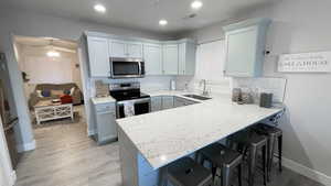 Kitchen with sink, decorative backsplash, kitchen peninsula, and appliances with stainless steel finishes