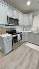 Kitchen with stainless steel appliances, sink, backsplash, and light wood-type flooring