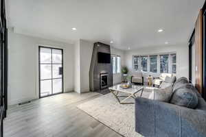 Living room with a fireplace, light hardwood / wood-style floors, and a healthy amount of sunlight