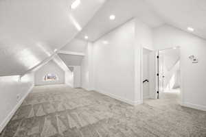 Bonus room with lofted ceiling, light carpet, and a textured ceiling