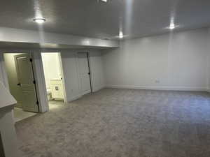 Basement featuring light colored carpet and a textured ceiling