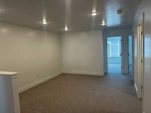 Unfurnished room with a textured ceiling and carpet