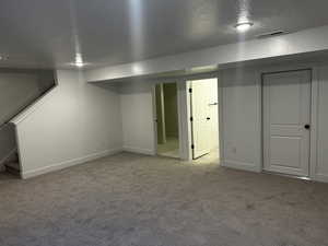 Basement featuring light carpet and a textured ceiling